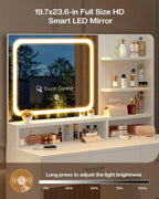 Makeup Vanity Desk Set, 35.4“Wx15.7”Dx53.9“H, White (Smart LED Mirror, with Cushion Stool, Hairdryer Rack, Power-Outlet, 4 Drawers, Open Shelves)