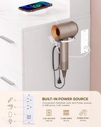 Makeup Vanity Desk Set, 35.4“Wx15.7”Dx53.9“H, White (Smart LED Mirror, with Cushion Stool, Hairdryer Rack, Power-Outlet, 4 Drawers, Open Shelves)