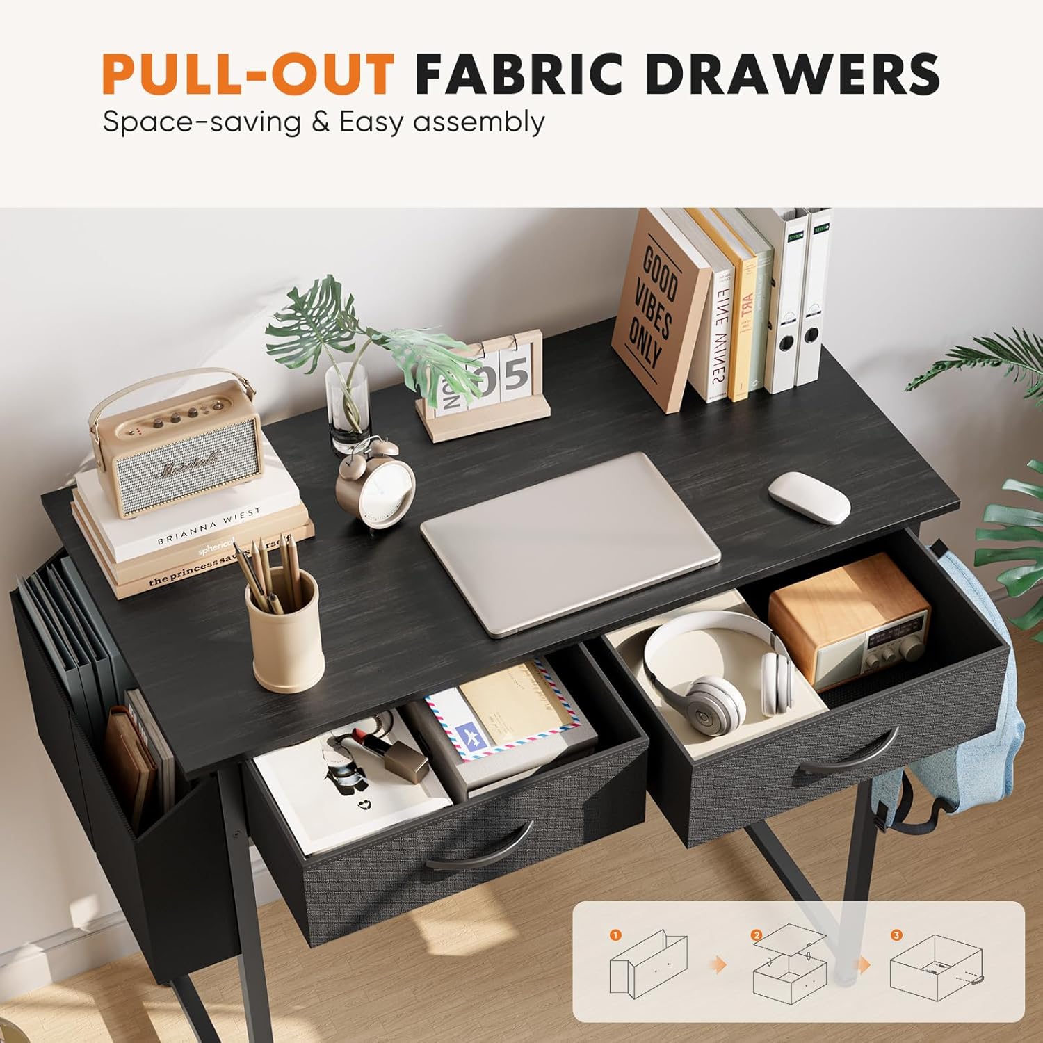 Small Desk with Fabric Drawers for Bedroom Home Office Size 32 Inches