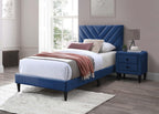 Adjustable V-Stitch Headboard Twin Bed Frame in Navy Blue Velvet