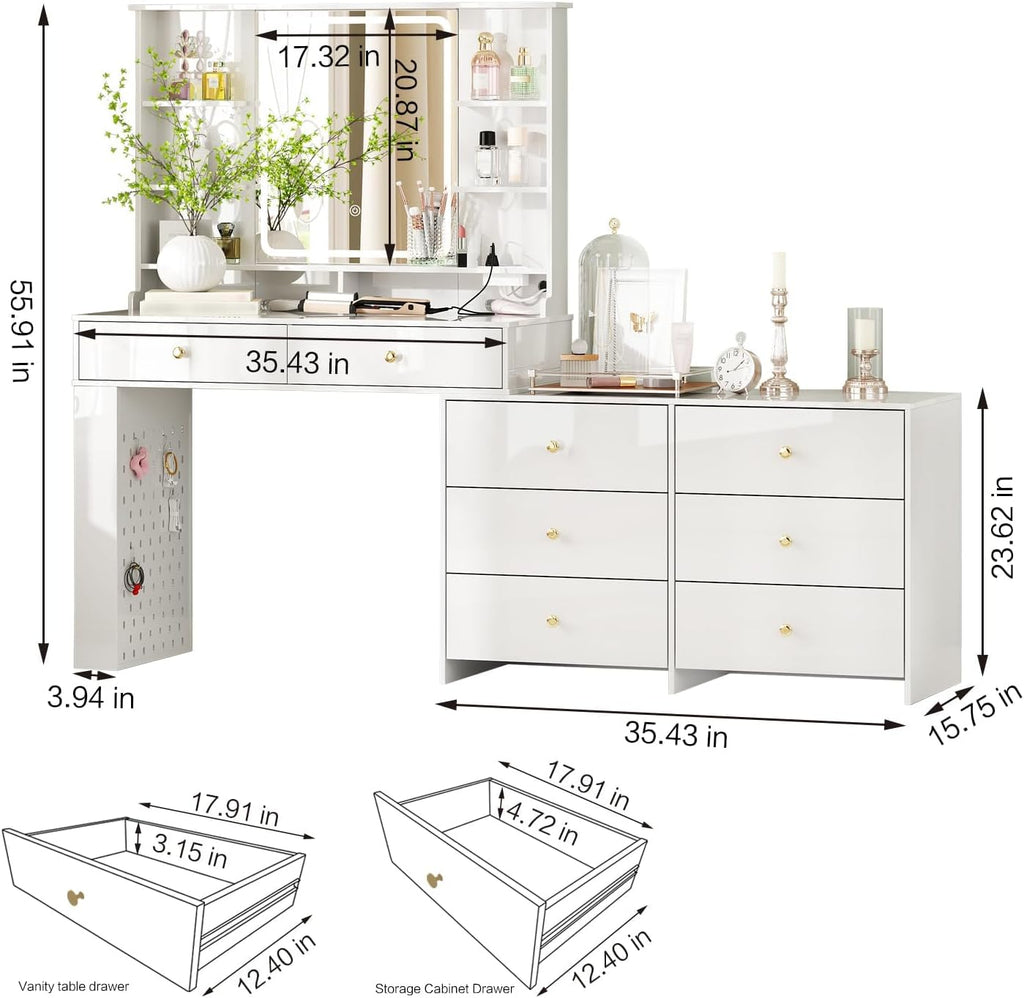 Makeup Vanity Desk with Mirror and Lights, Vanity Desk with 8 Drawers & Storage Shelves, Vanity Table with Power Outlet, 3 Color Modes & Adjustable Brightness Dressing Table, Bedroom,White