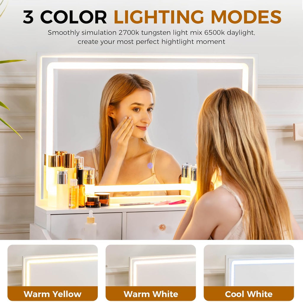 COMHOMA Makeup Vanity Desk with Mirror and Lights, Vanity Table and Chair Set with 5 Drawers and Charging Station, Bedroom Dresser LED Mirror Stepless Dimmable & 3 Color Modes Adjustable, White