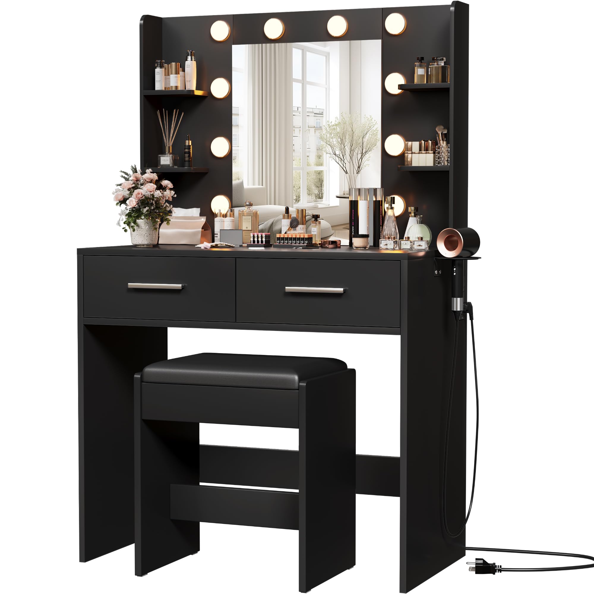 Furmax Make up Vanity Desk with Mirror and Power Outlet, Vanity with 3 Color Light Options Adjustable Brightness,Vanity Desk with 2 Drawers, 6 Storage Shelves (White, with Bench)