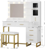 IRONCK Vanity Desk with Mirror and Lights, Makeup Vanity Table with 5 Drawers & Shelves, Power Outlet, Vanity Stool, Dressing Table with Jewelry Storage for Bedroom, White & Gold