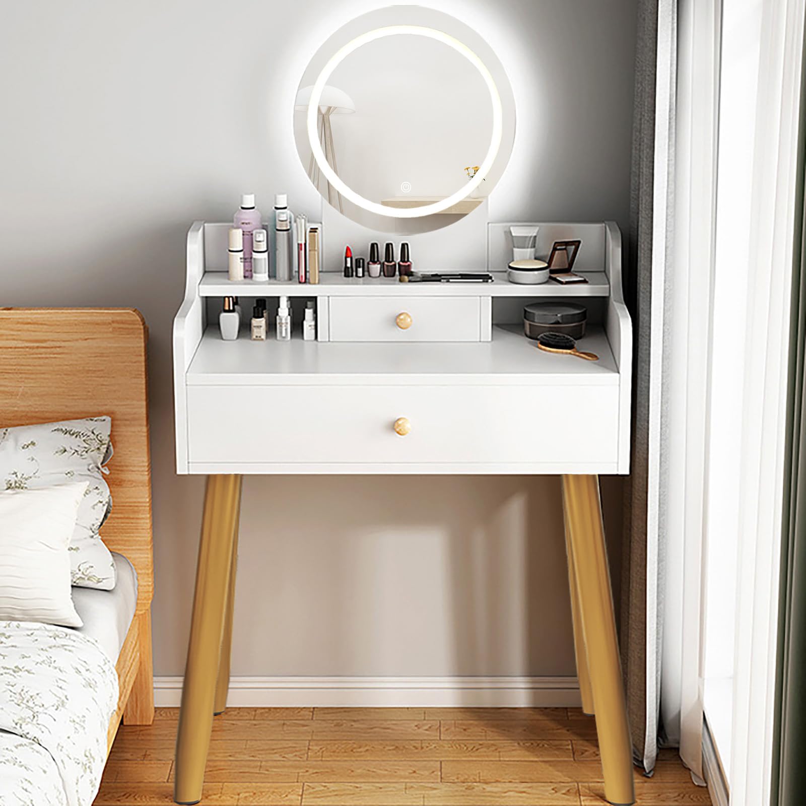 Vanity Desk Makeup Vanity Desk with Sliding Mirror and Lights, Makeup Vanity Set with Drawers, Stool and Open Shelves, 3 Color Lighting Modes Brightness Adjustable Dressing Table for Bedroom (Model 1)
