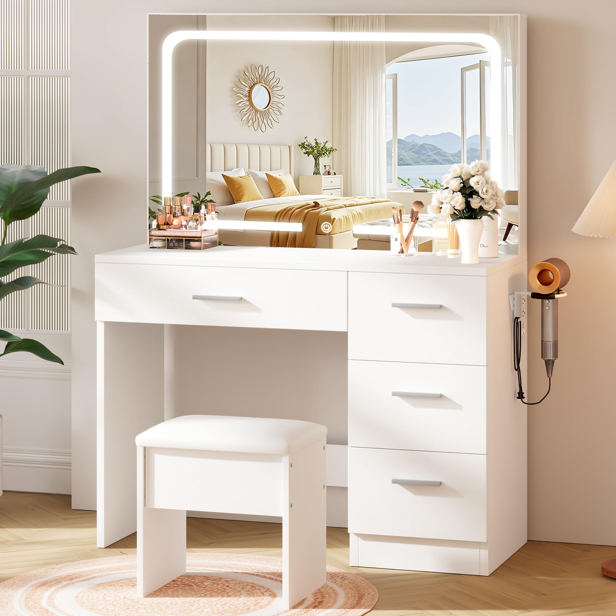 Makeup Vanity Desk Set, 35.4“Wx15.7”Dx53.9“H, White (Smart LED Mirror, with Cushion Stool, Hairdryer Rack, Power-Outlet, 4 Drawers, Open Shelves)