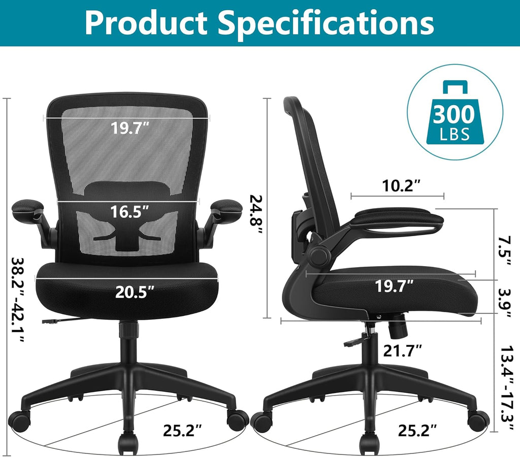 Desk Chair Breathable Mesh Chairs Adjustable High Back Lumbar Support Flip-up Armrests