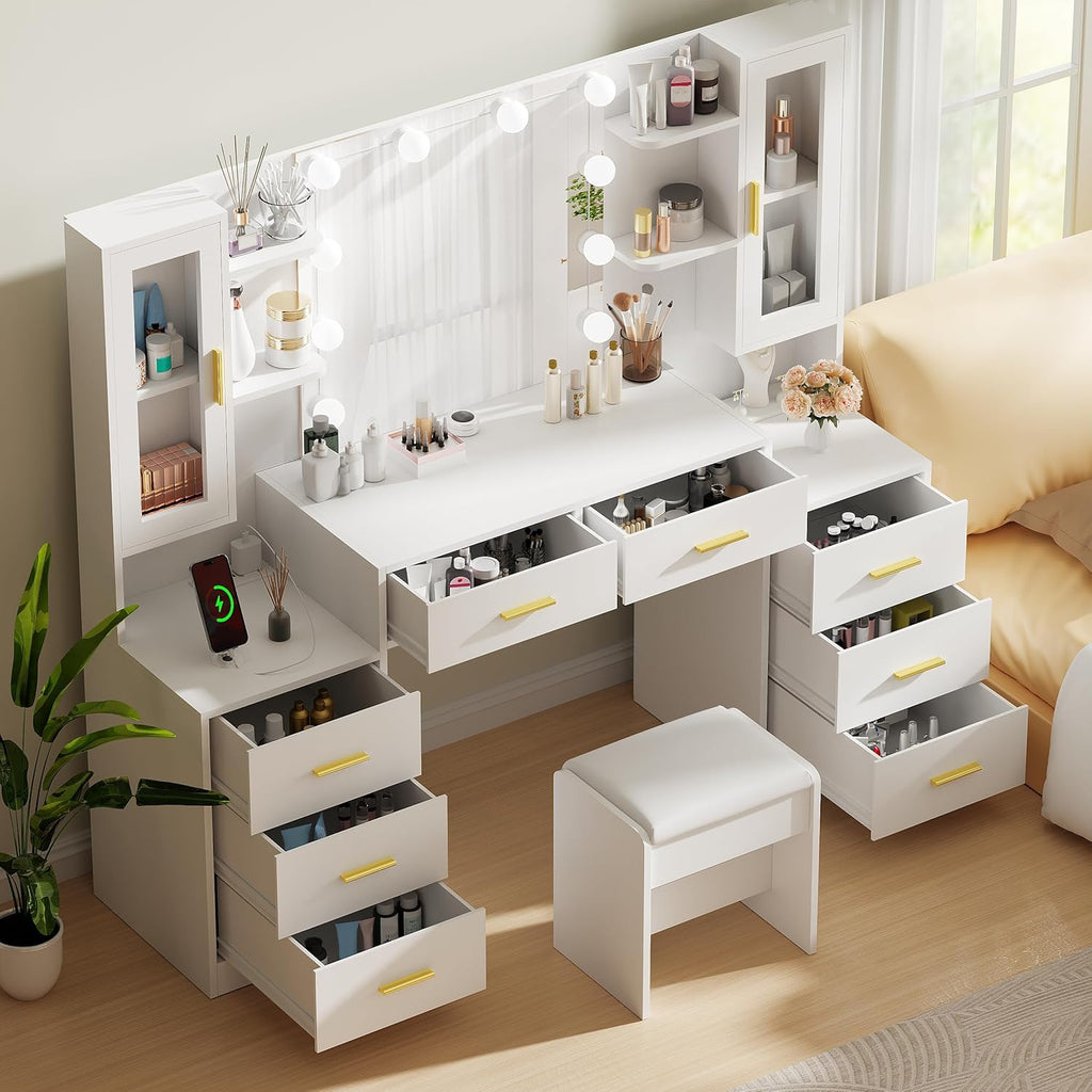 ANWBROAD 59.1" Large Vanity Desk with Mirror & Lights White Makeup Vanity Set with Power Outlet and 8 Drawers 3 Lighting Modes Adjustable Dressing Table for Girl Women Bedroom Dressing Room UBDT67W