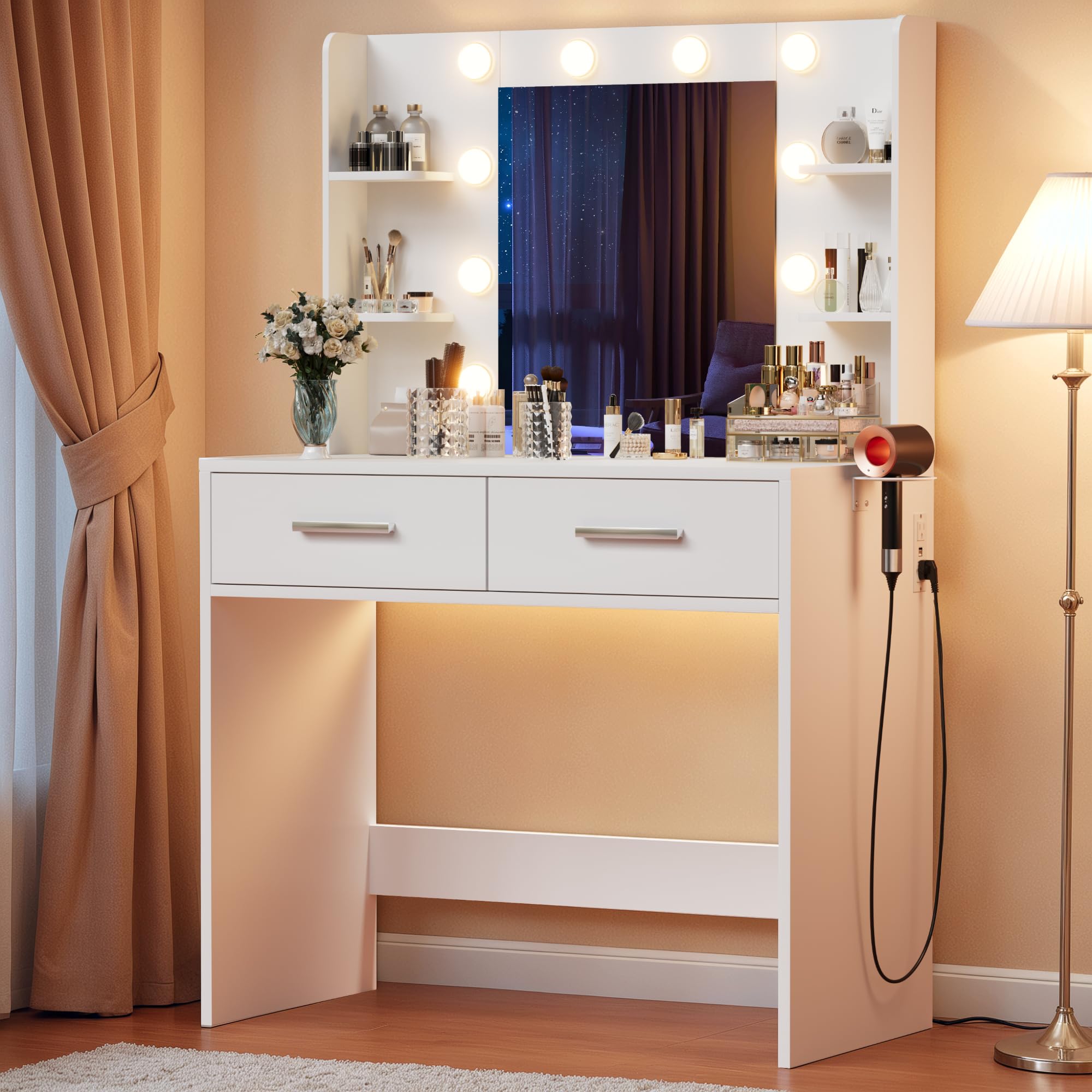 YESHOMY Vanity Desk with Mirror, Power Outlet and 10 Lights, Makeup Table with 7 Drawers, 3 Color Modes Available for Bedroom, Pure White