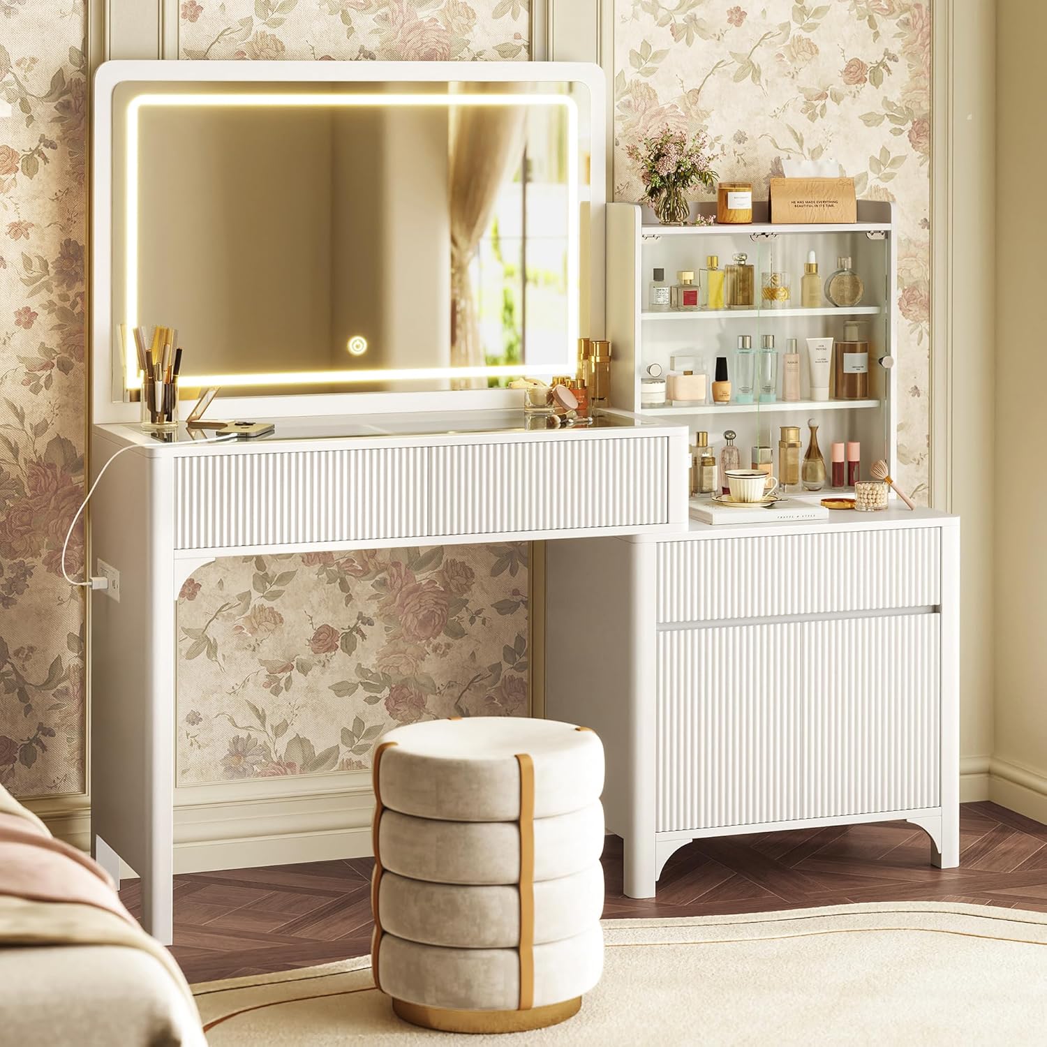 PRAISUN 55'' Large Makeup Vanity Desk with 35.4'' LED Mirror & Power Outlets, Painted Surface White Vanity with Glass Top, 3 Drawers and Cabinet, Fluted Big Dressing Vanity Table