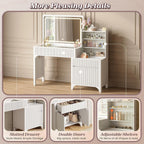 PRAISUN 55'' Large Makeup Vanity Desk with 35.4'' LED Mirror & Power Outlets, Painted Surface White Vanity with Glass Top, 3 Drawers and Cabinet, Fluted Big Dressing Vanity Table