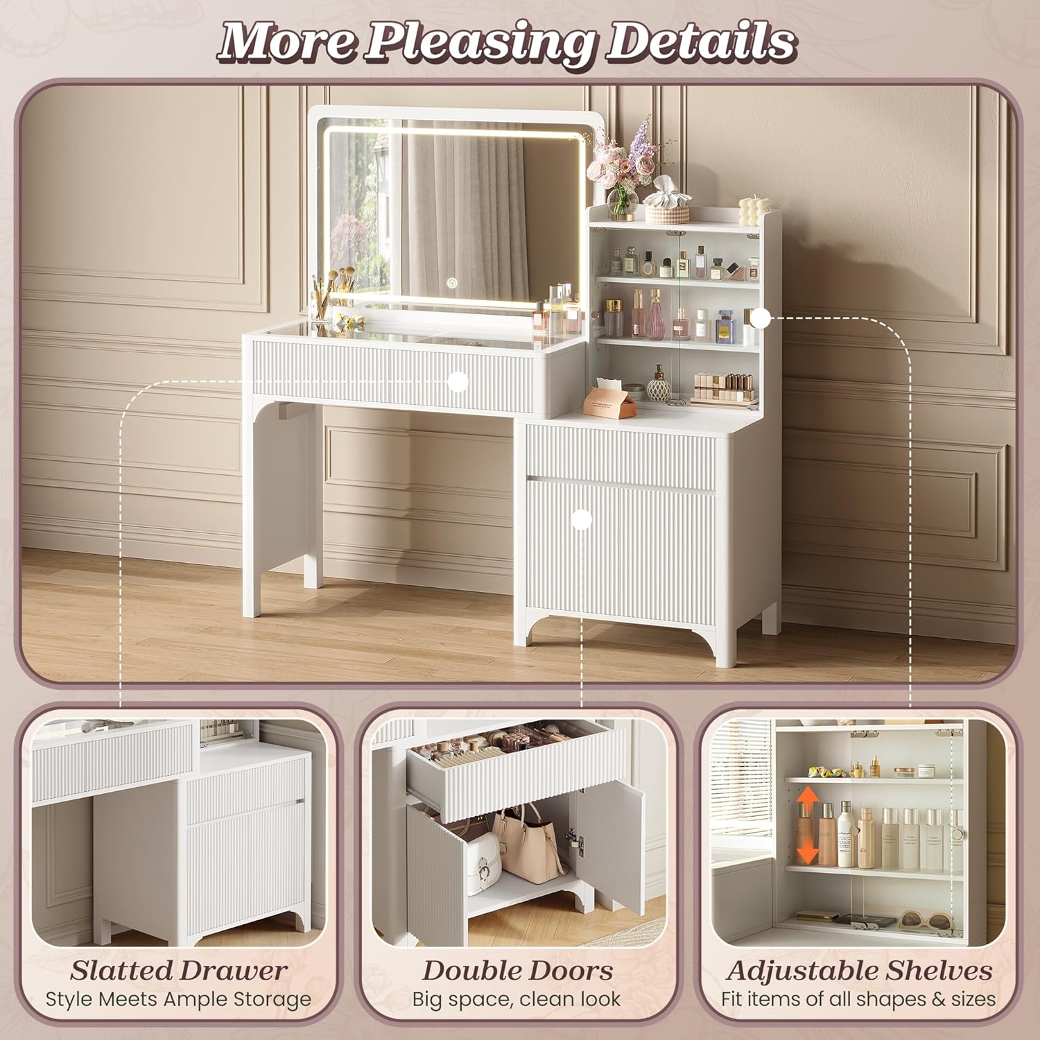 PRAISUN 55'' Large Makeup Vanity Desk with 35.4'' LED Mirror & Power Outlets, Painted Surface White Vanity with Glass Top, 3 Drawers and Cabinet, Fluted Big Dressing Vanity Table