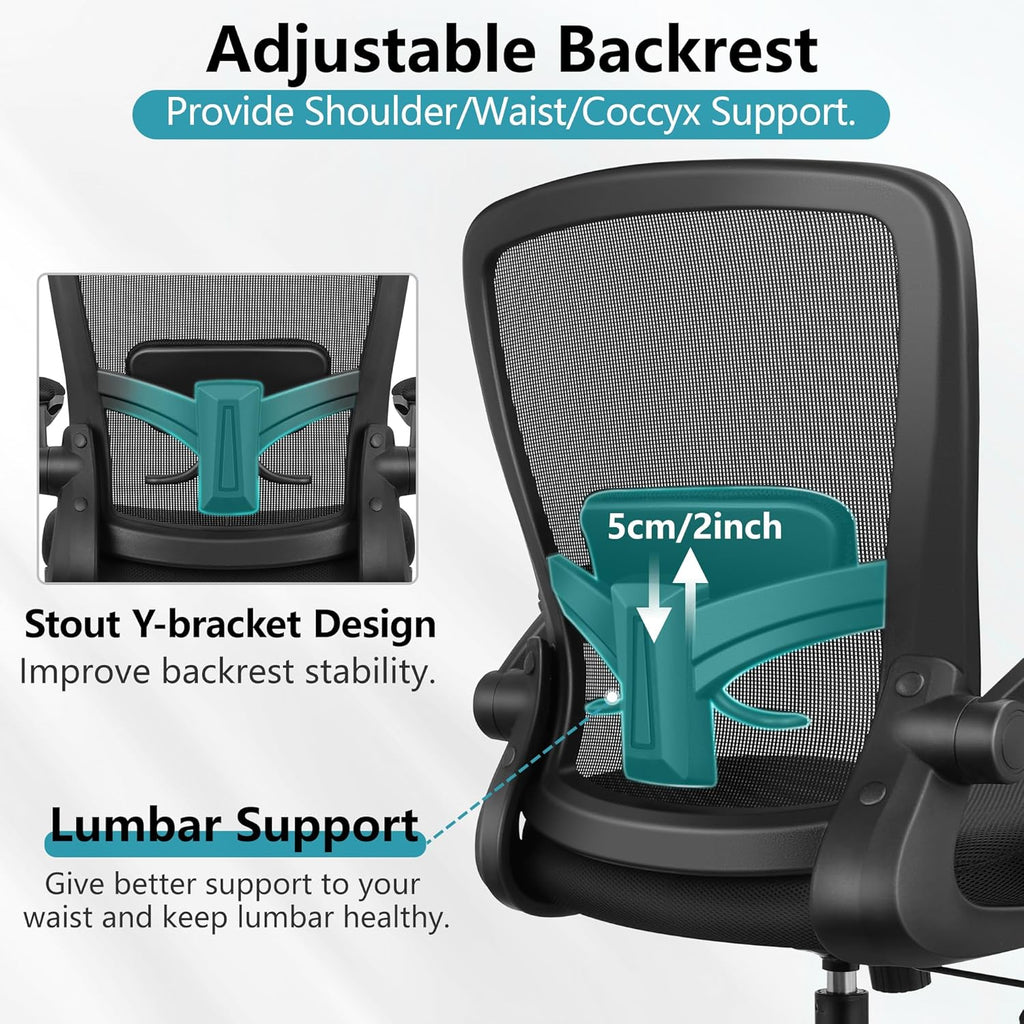 Desk Chair Breathable Mesh Chairs Adjustable High Back Lumbar Support Flip-up Armrests