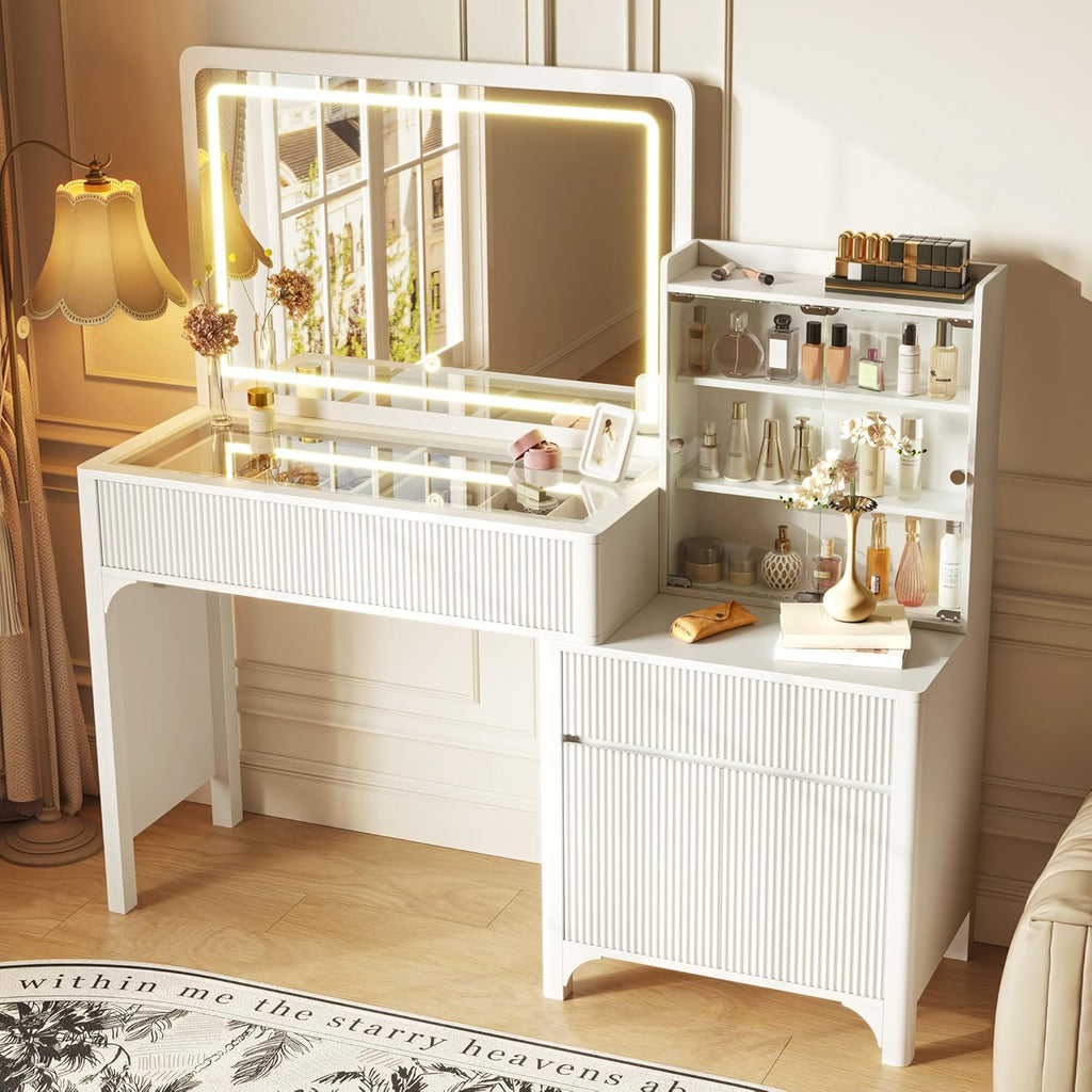 PRAISUN 55'' Large Makeup Vanity Desk with 35.4'' LED Mirror & Power Outlets, Painted Surface White Vanity with Glass Top, 3 Drawers and Cabinet, Fluted Big Dressing Vanity Table