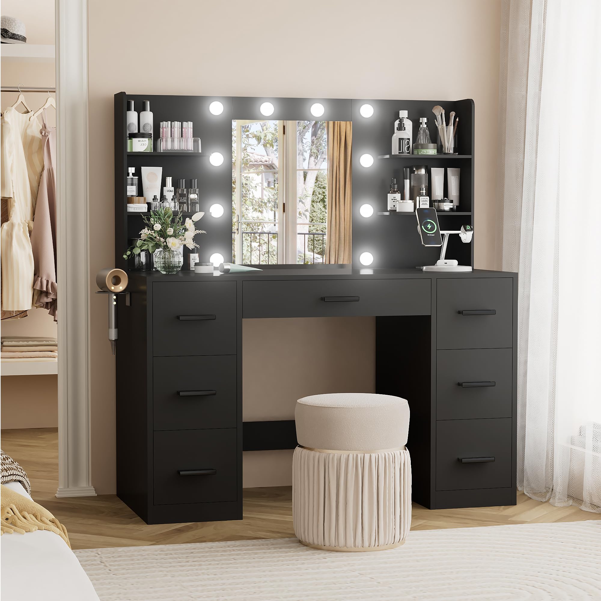 YESHOMY Vanity Desk with Mirror, Power Outlet and 10 Lights, Makeup Table with 7 Drawers, 3 Color Modes Available for Bedroom, Pure White