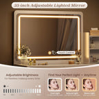 PRAISUN 55'' Large Makeup Vanity Desk with 35.4'' LED Mirror & Power Outlets, Painted Surface White Vanity with Glass Top, 3 Drawers and Cabinet, Fluted Big Dressing Vanity Table