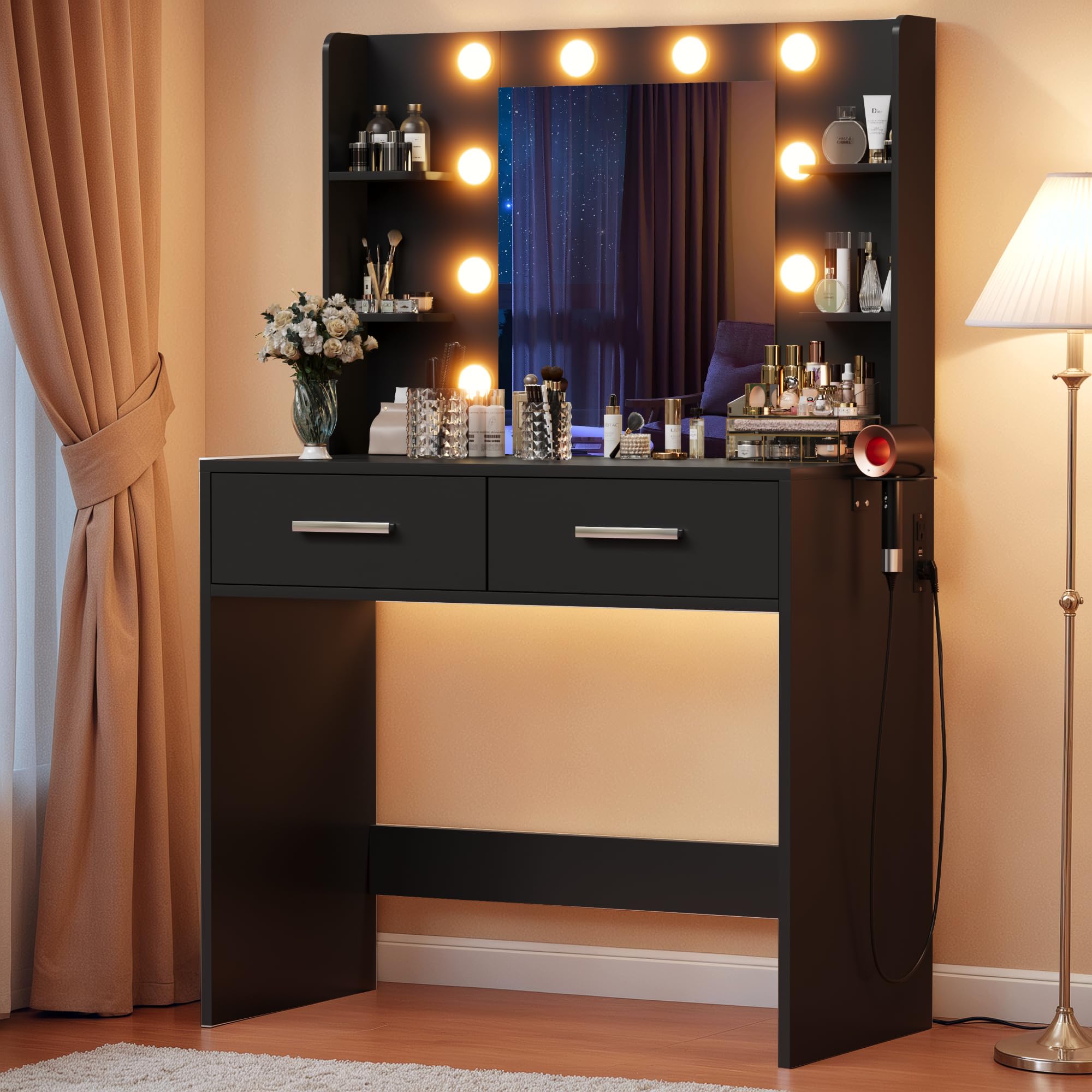 YESHOMY Vanity Desk with Mirror, Power Outlet and 10 Lights, Makeup Table with 7 Drawers, 3 Color Modes Available for Bedroom, Pure White