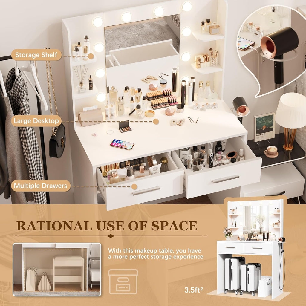 Furmax Make up Vanity Desk with Mirror and Power Outlet, Vanity with 3 Color Light Options Adjustable Brightness,Vanity Desk with 2 Drawers, 6 Storage Shelves (White, with Bench)