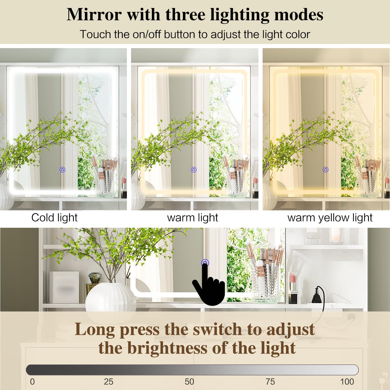 Makeup Vanity Desk with Mirror and Lights, Vanity Desk with 8 Drawers & Storage Shelves, Vanity Table with Power Outlet, 3 Color Modes & Adjustable Brightness Dressing Table, Bedroom,White