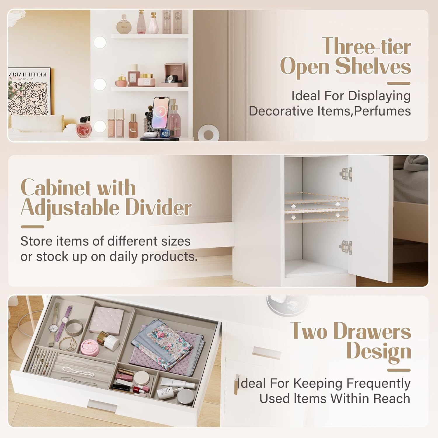 JUMMICO 35.4" Vanity Desk with LED Mirror & Power Outlet, Makeup Vanity Table with 3 Open Storage Shelves, Drawers and Cabinet, 3 Model Adjustable Lights for Bedroom & Dressing Room (White)