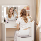 JUMMICO 35.4" Vanity Desk with LED Mirror & Power Outlet, Makeup Vanity Table with 3 Open Storage Shelves, Drawers and Cabinet, 3 Model Adjustable Lights for Bedroom & Dressing Room (White)