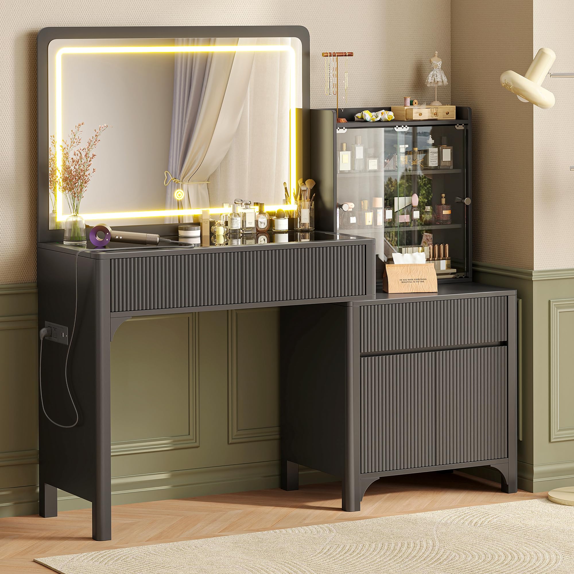 PRAISUN 55'' Large Makeup Vanity Desk with 35.4'' LED Mirror & Power Outlets, Painted Surface White Vanity with Glass Top, 3 Drawers and Cabinet, Fluted Big Dressing Vanity Table