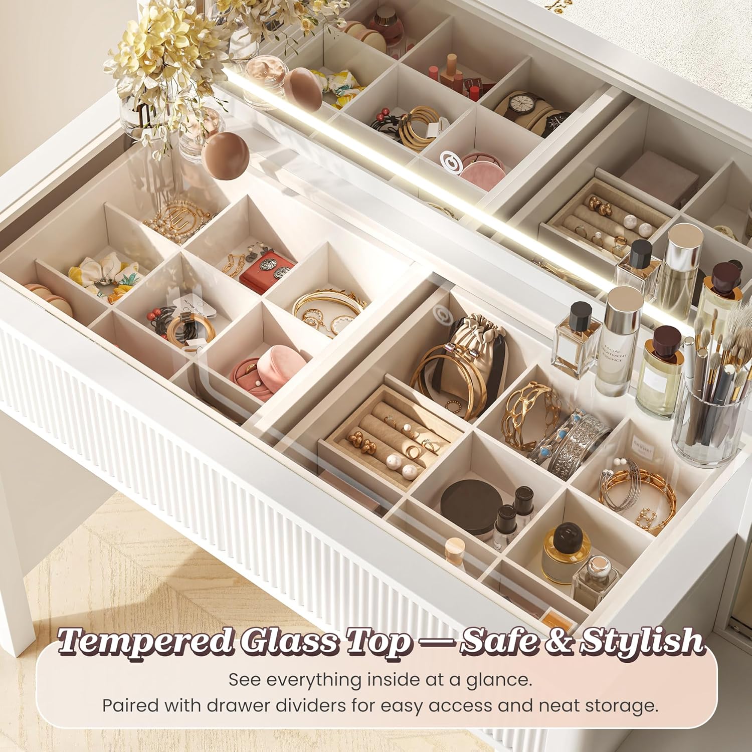 PRAISUN 55'' Large Makeup Vanity Desk with 35.4'' LED Mirror & Power Outlets, Painted Surface White Vanity with Glass Top, 3 Drawers and Cabinet, Fluted Big Dressing Vanity Table