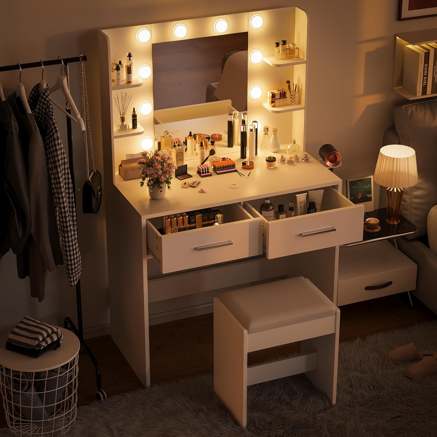 Furmax Make up Vanity Desk with Mirror and Power Outlet, Vanity with 3 Color Light Options Adjustable Brightness,Vanity Desk with 2 Drawers, 6 Storage Shelves (White, with Bench)