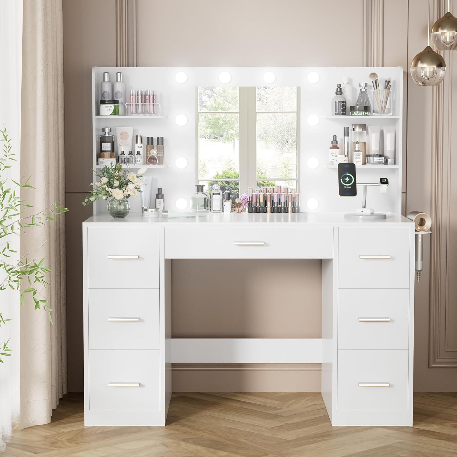 YESHOMY Vanity Desk with Mirror, Power Outlet and 10 Lights, Makeup Table with 7 Drawers, 3 Color Modes Available for Bedroom, Pure White