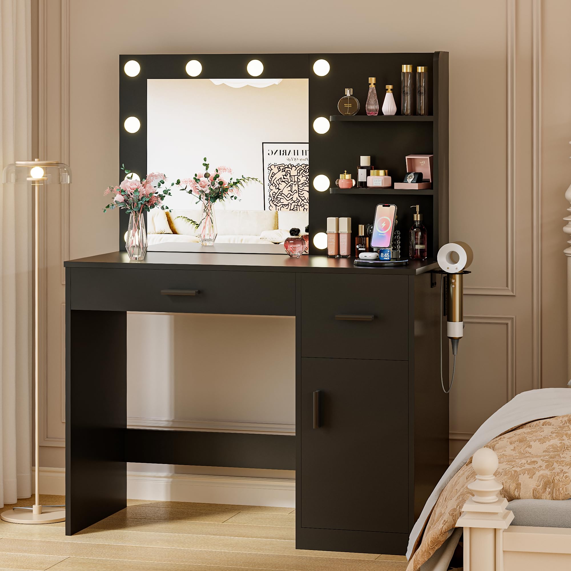 JUMMICO 35.4" Vanity Desk with LED Mirror & Power Outlet, Makeup Vanity Table with 3 Open Storage Shelves, Drawers and Cabinet, 3 Model Adjustable Lights for Bedroom & Dressing Room (White)