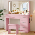 Makeup Vanity Desk Set, 35.4“Wx15.7”Dx53.9“H, White (Smart LED Mirror, with Cushion Stool, Hairdryer Rack, Power-Outlet, 4 Drawers, Open Shelves)