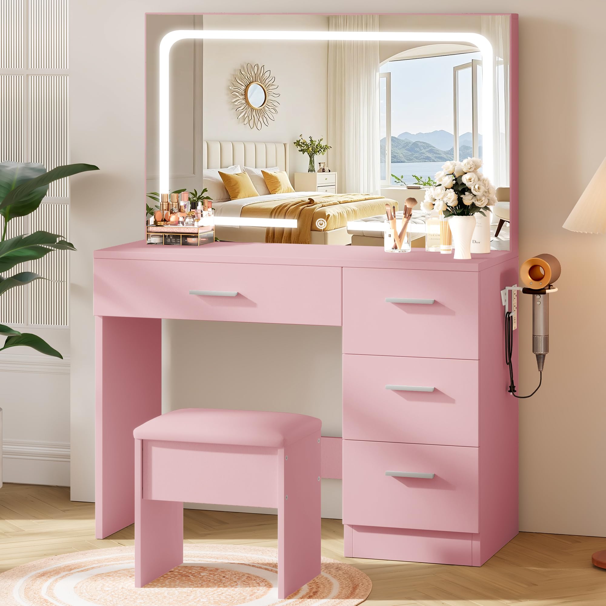 Makeup Vanity Desk Set, 35.4“Wx15.7”Dx53.9“H, White (Smart LED Mirror, with Cushion Stool, Hairdryer Rack, Power-Outlet, 4 Drawers, Open Shelves)