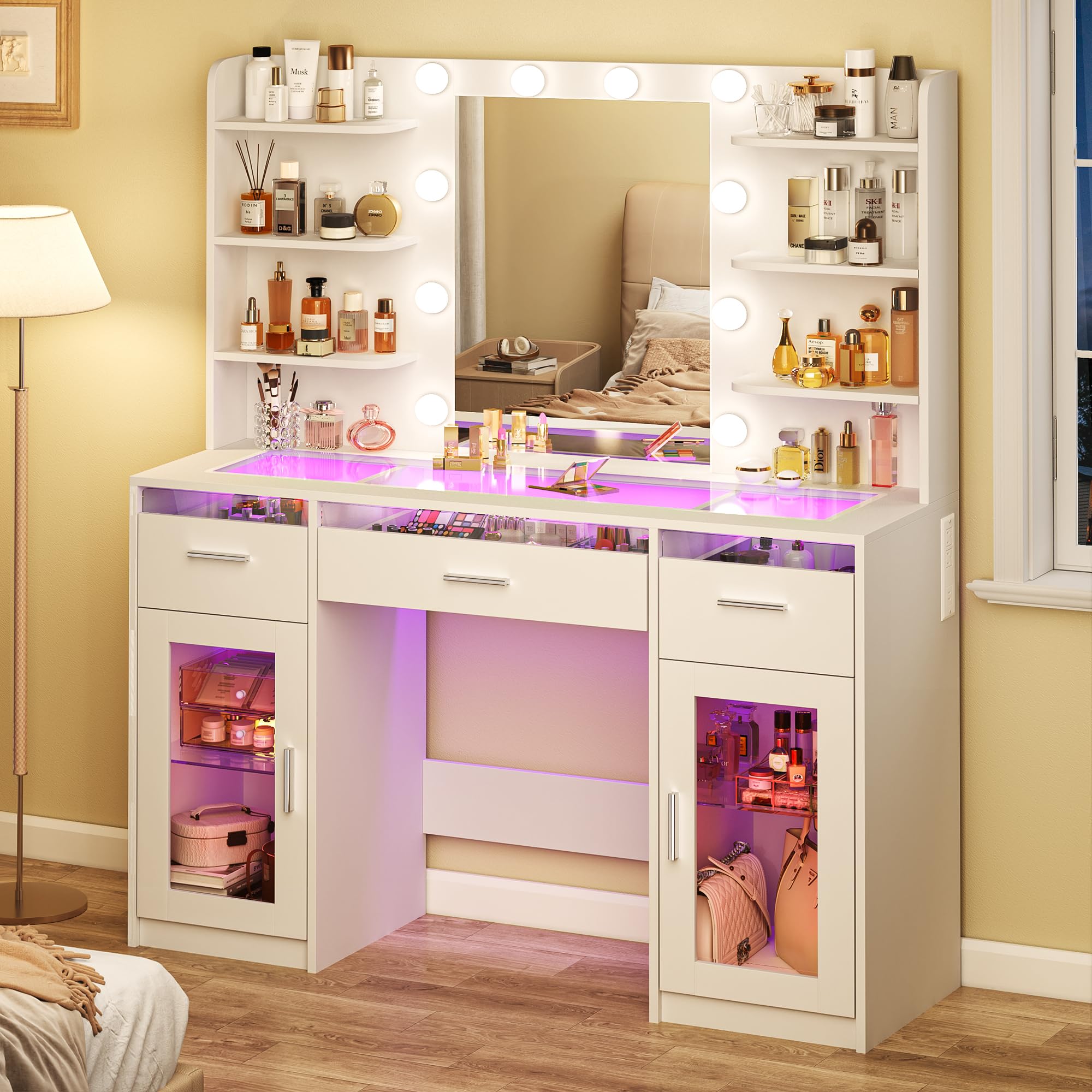 Vanity Desk with Mirror and Lights, Makeup Vanity Desk with Lights 3 Colors, Transparent Top Vanity with 2 RGB Drawers, 6 Shelves, Large Tempered Cabinet, Power Outlet, for Bedroom, White