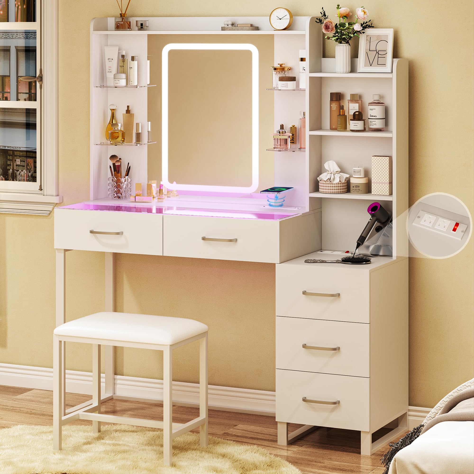 Vanity Desk with Mirror and Lights, Makeup Vanity Desk with Lights 3 Colors, Transparent Top Vanity with 2 RGB Drawers, 6 Shelves, Large Tempered Cabinet, Power Outlet, for Bedroom, White