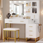IRONCK Vanity Desk with Mirror and Lights, Makeup Vanity Table with 5 Drawers & Shelves, Power Outlet, Vanity Stool, Dressing Table with Jewelry Storage for Bedroom, White & Gold