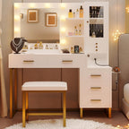 IRONCK Vanity Desk with Mirror and Lights, Makeup Vanity Table with 5 Drawers & Shelves, Power Outlet, Vanity Stool, Dressing Table with Jewelry Storage for Bedroom, White & Gold