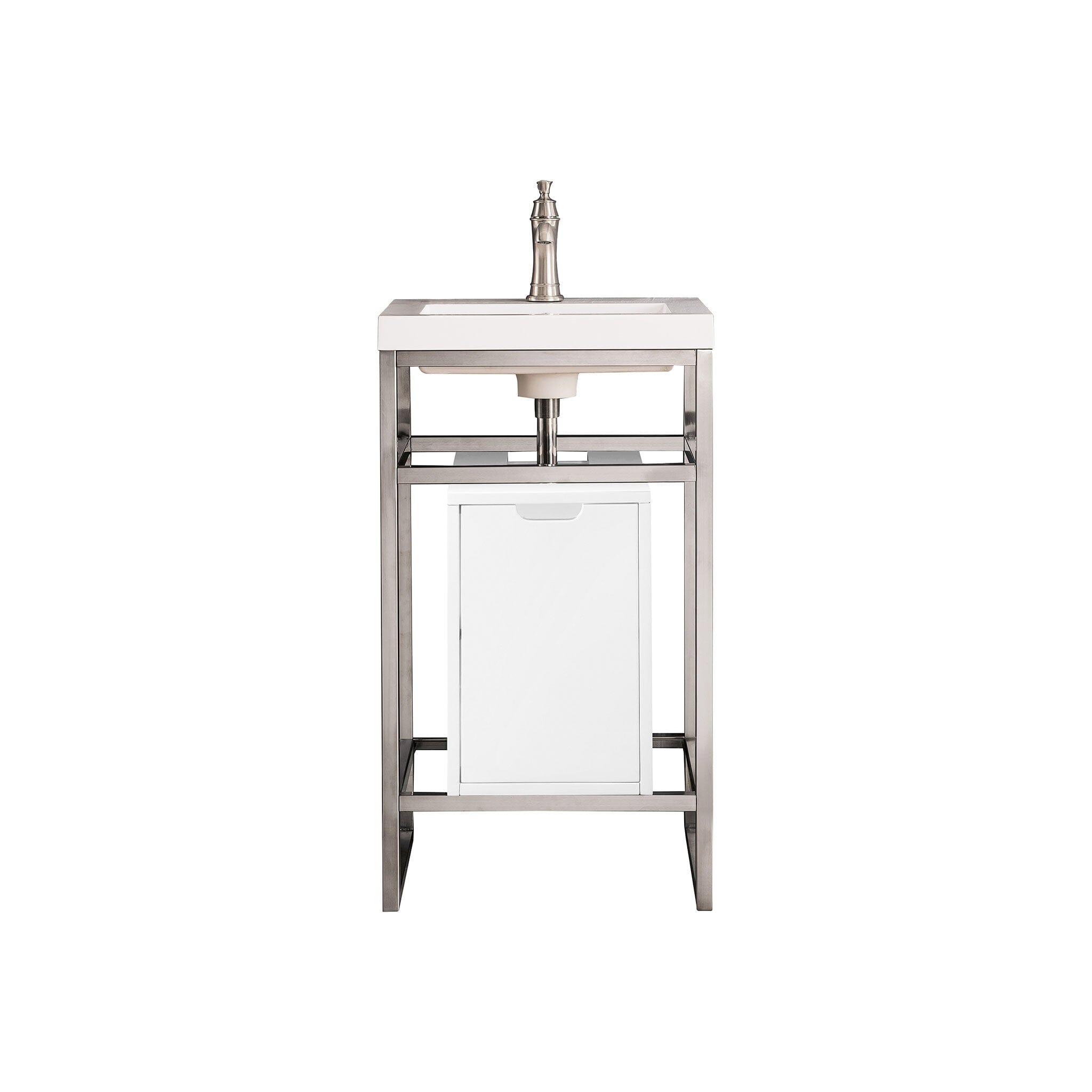 20" Boston Single Sink Console, Brushed Nickel w/ Storage Cabinet, White Glossy Resin Countertop