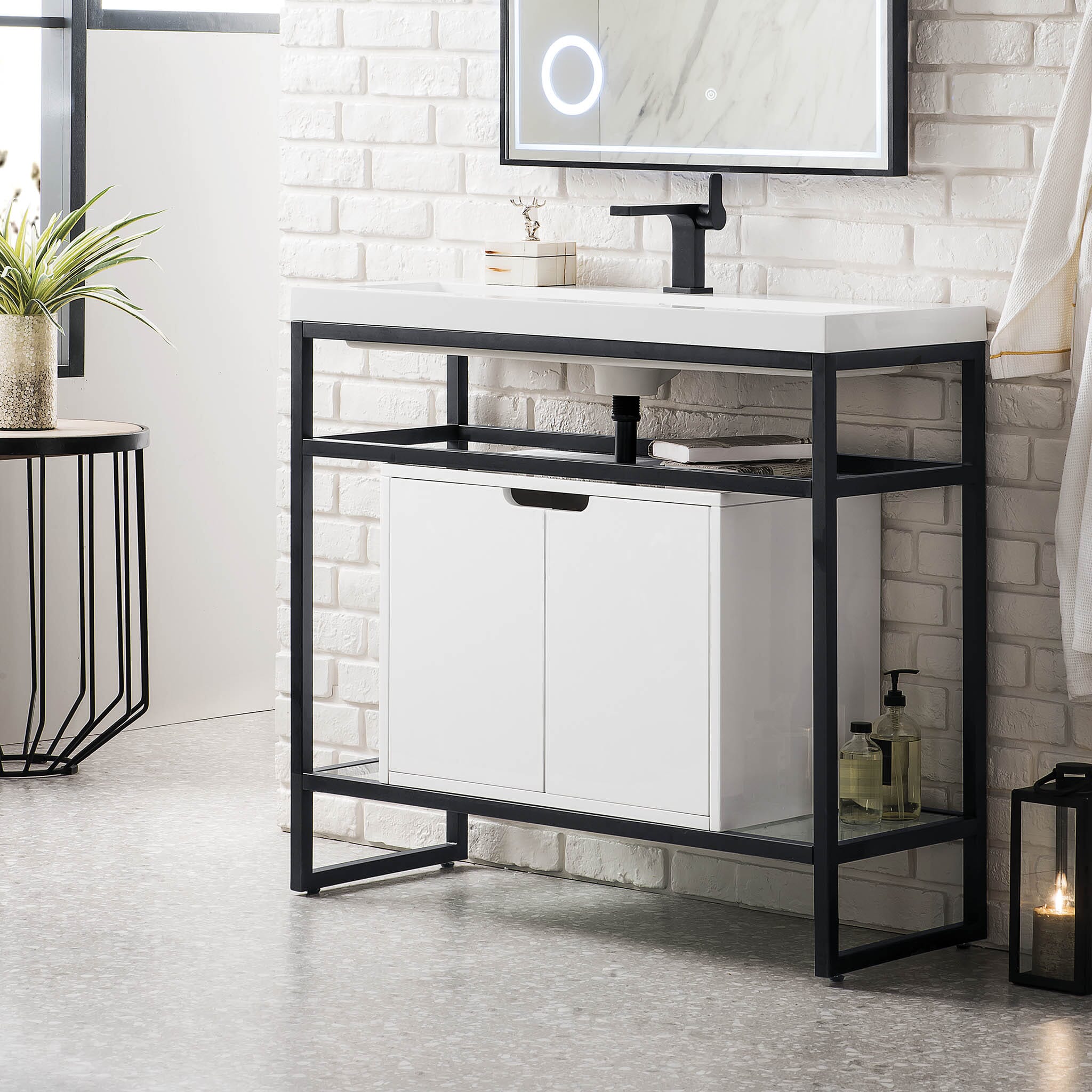 39.5" Boston Single Sink Console, Matte Black w/ Glossy White Storage Cabinet, White Glossy Resin Countertop