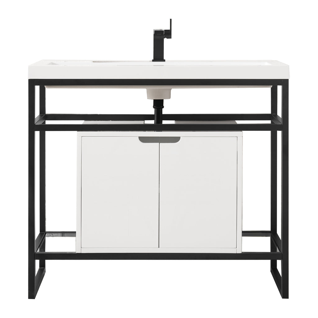 39.5" Boston Single Sink Console, Matte Black w/ Glossy White Storage Cabinet, White Glossy Resin Countertop