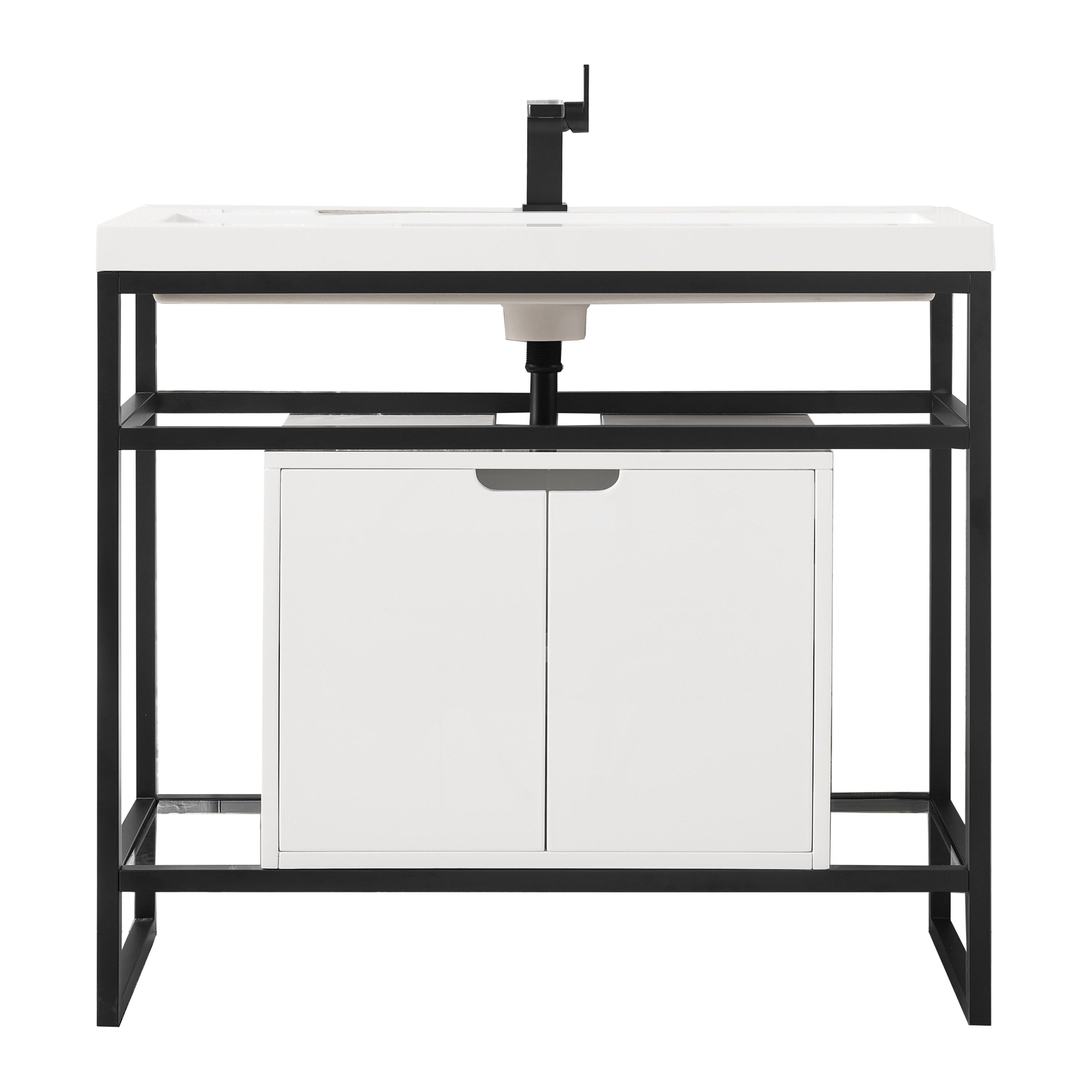 39.5" Boston Single Sink Console, Matte Black w/ Glossy White Storage Cabinet, White Glossy Resin Countertop