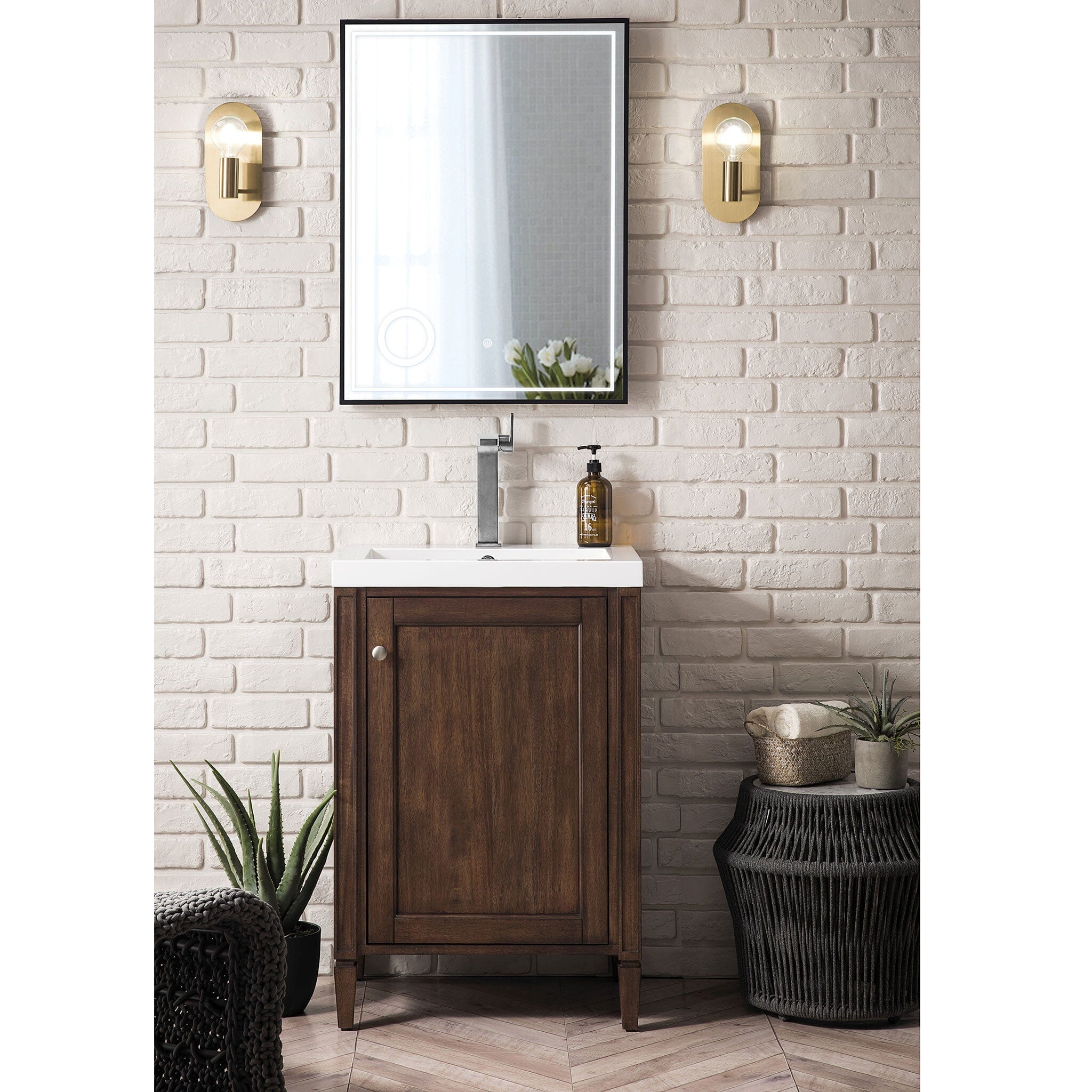 24" Britannia Single Vanity Cabinet, Mid Century Acacia w/ White Glossy Resin Countertop