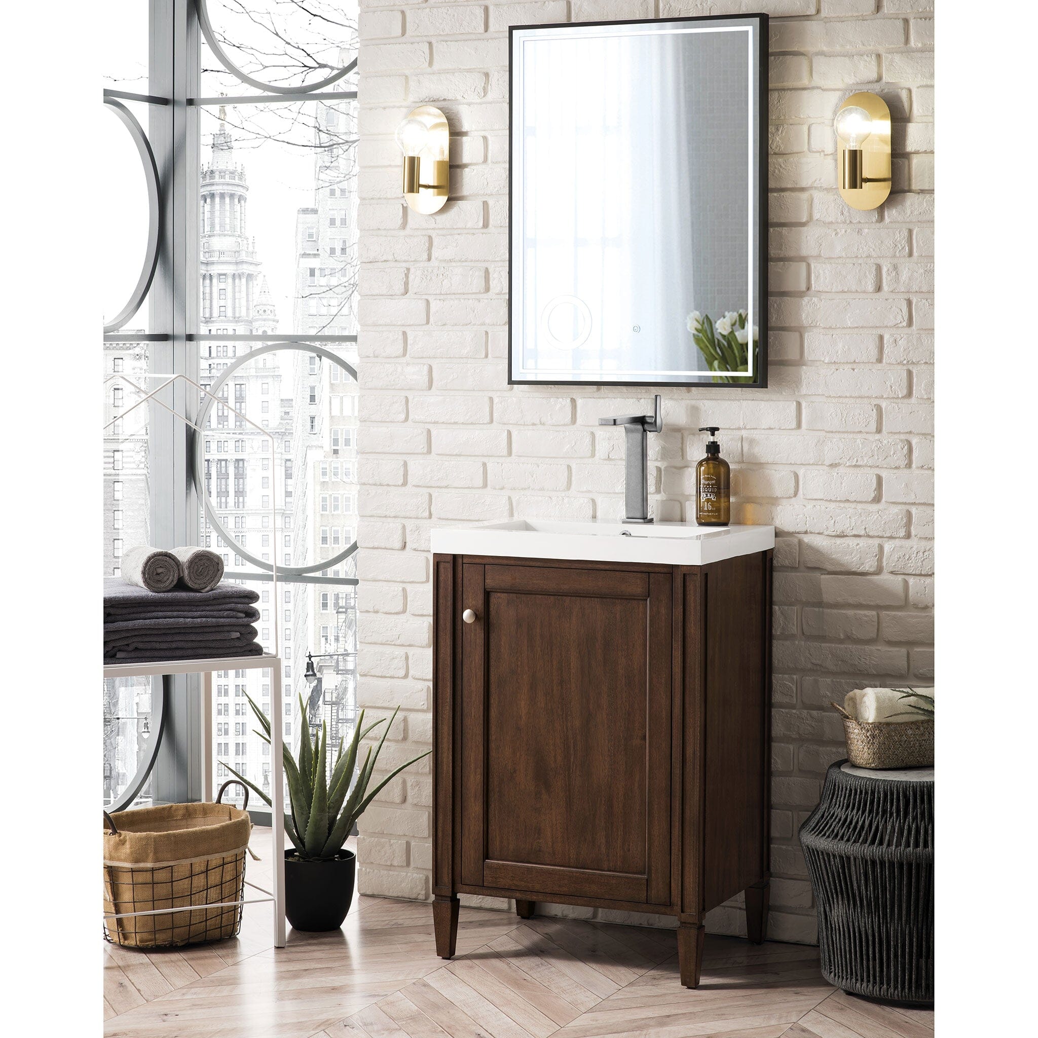 24" Britannia Single Vanity Cabinet, Mid Century Acacia w/ White Glossy Resin Countertop