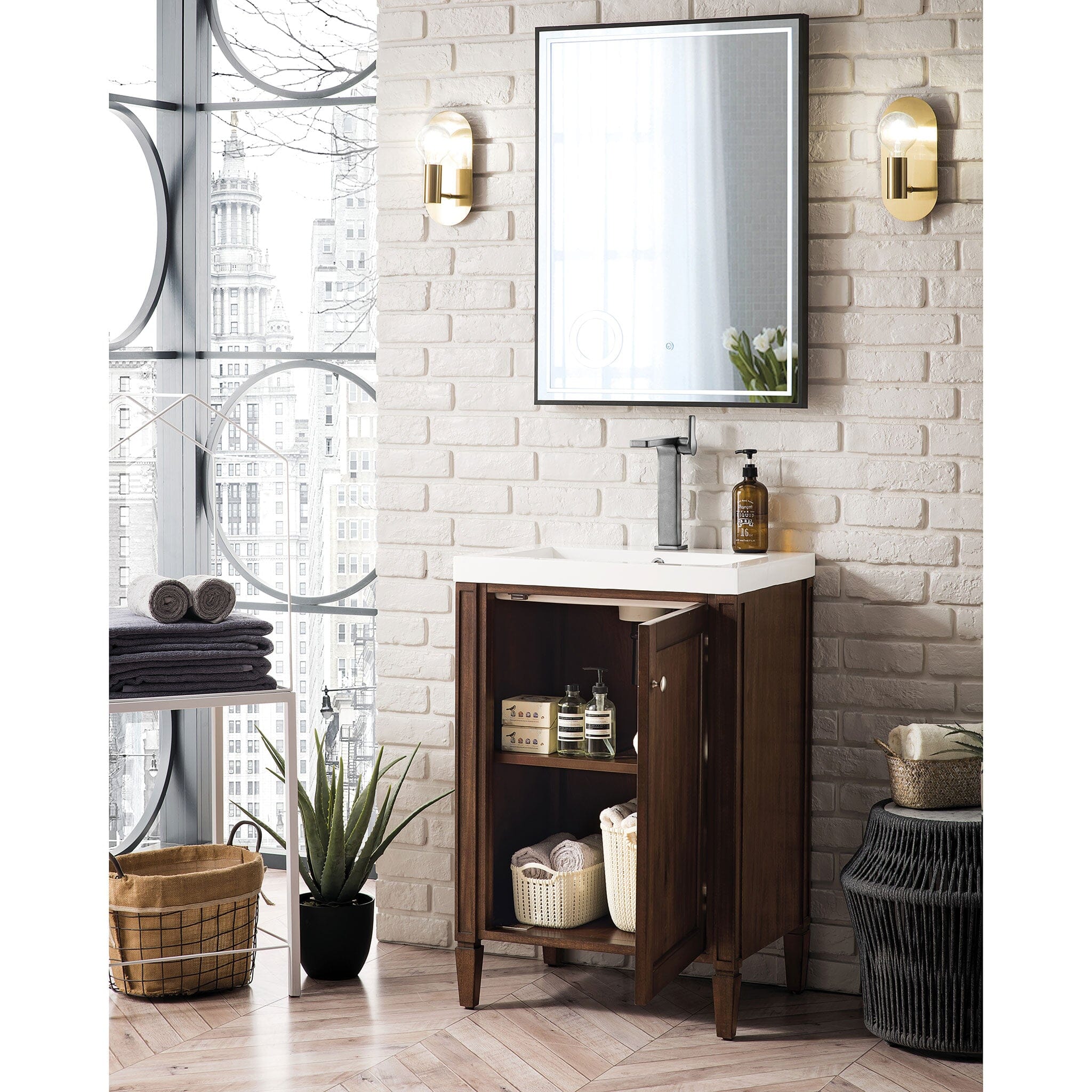 24" Britannia Single Vanity Cabinet, Mid Century Acacia w/ White Glossy Resin Countertop