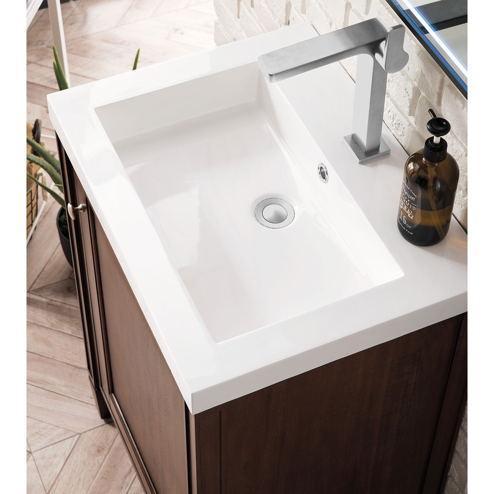 24" Britannia Single Vanity Cabinet, Mid Century Acacia w/ White Glossy Resin Countertop