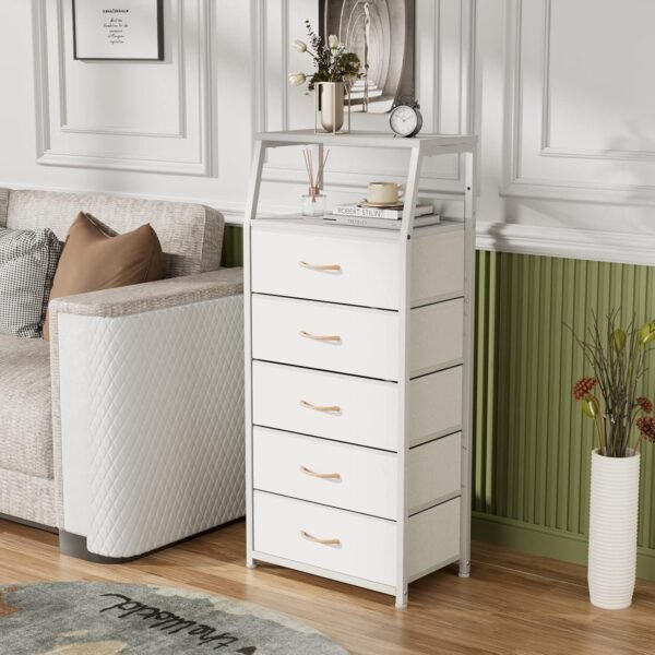 White Dresser with 5 Drawers, Vertical Storage Tower Fabric Dresser for Bedroom - Image 5