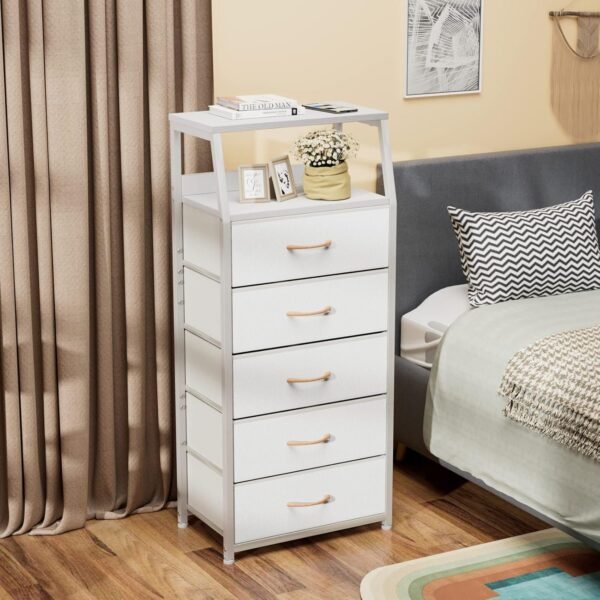 White Dresser with 5 Drawers, Vertical Storage Tower Fabric Dresser for Bedroom - Image 2