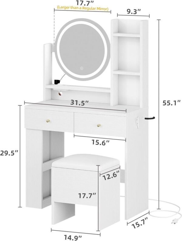 Vanity Desk with LED Lighted Mirror, White Vanity Set with Charger Station - Image 6