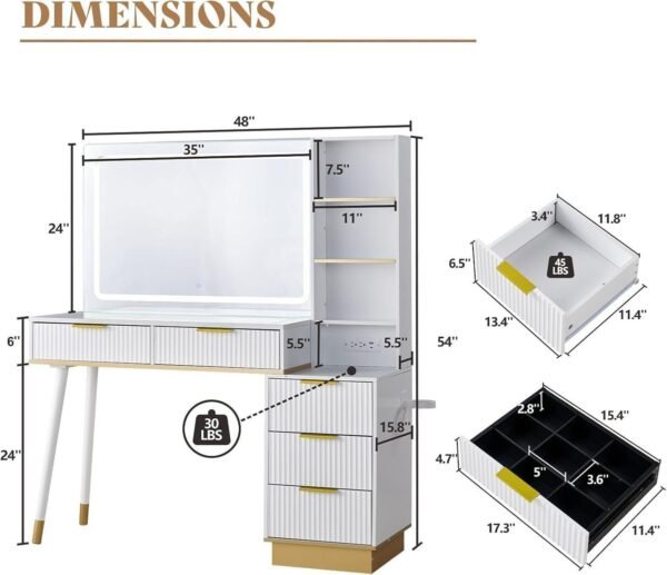 48" Vanity Desk with 35" Large Lighted Mirror, Big Modern Makeup Vanity Table with 5 Drawers - Image 2
