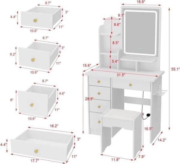Vanity Set with Rectangular Mirror, Makeup Vanity Dressing Table with 5 Drawers - Image 7