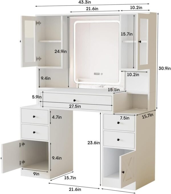 Vanity Desk with Mirror and Lights,White Makeup Vanity Table with Power Strip & LED Lighted Mirror - Image 6